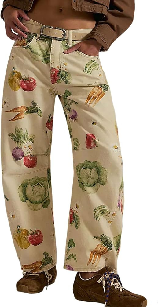 loveimgs Women Boyfriend Baggy Barrel Jeans Floral Print Denim Ankle Pants Wide Leg Mid Rise Jean... | Amazon (US)