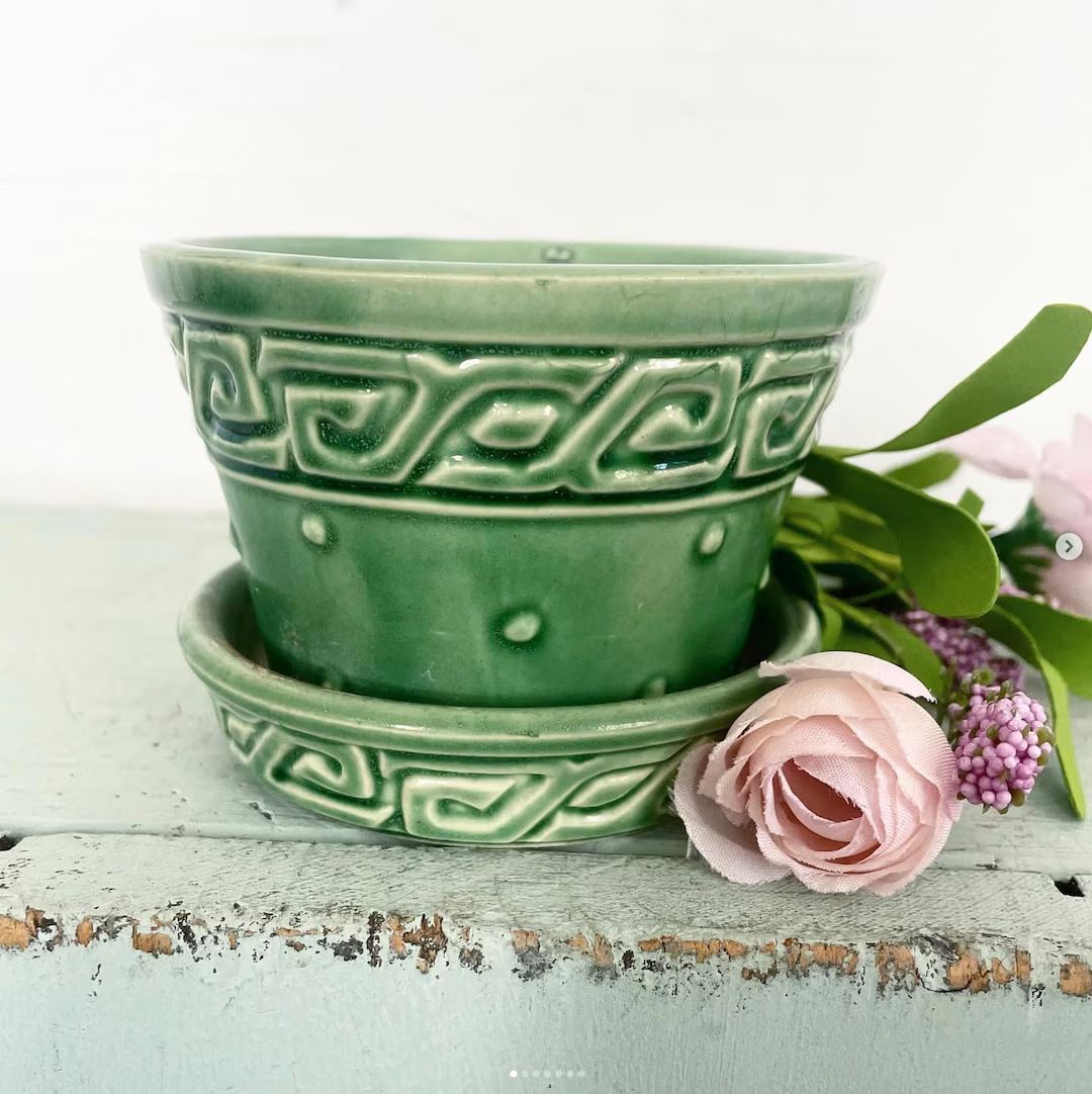 Vintage McCoy Green Flower Pot Planter Greek Key Pattern Attached Saucer Pottery Christmas | Etsy (US)