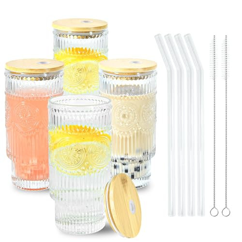 Icesip 4 Pcs 16 oz Glasses Cups Set with Bamboo Lids Straws Brush Sunflower Glassware Set for Juice Iced Coffee Beer Cocktail Whiskey | Amazon (US)
