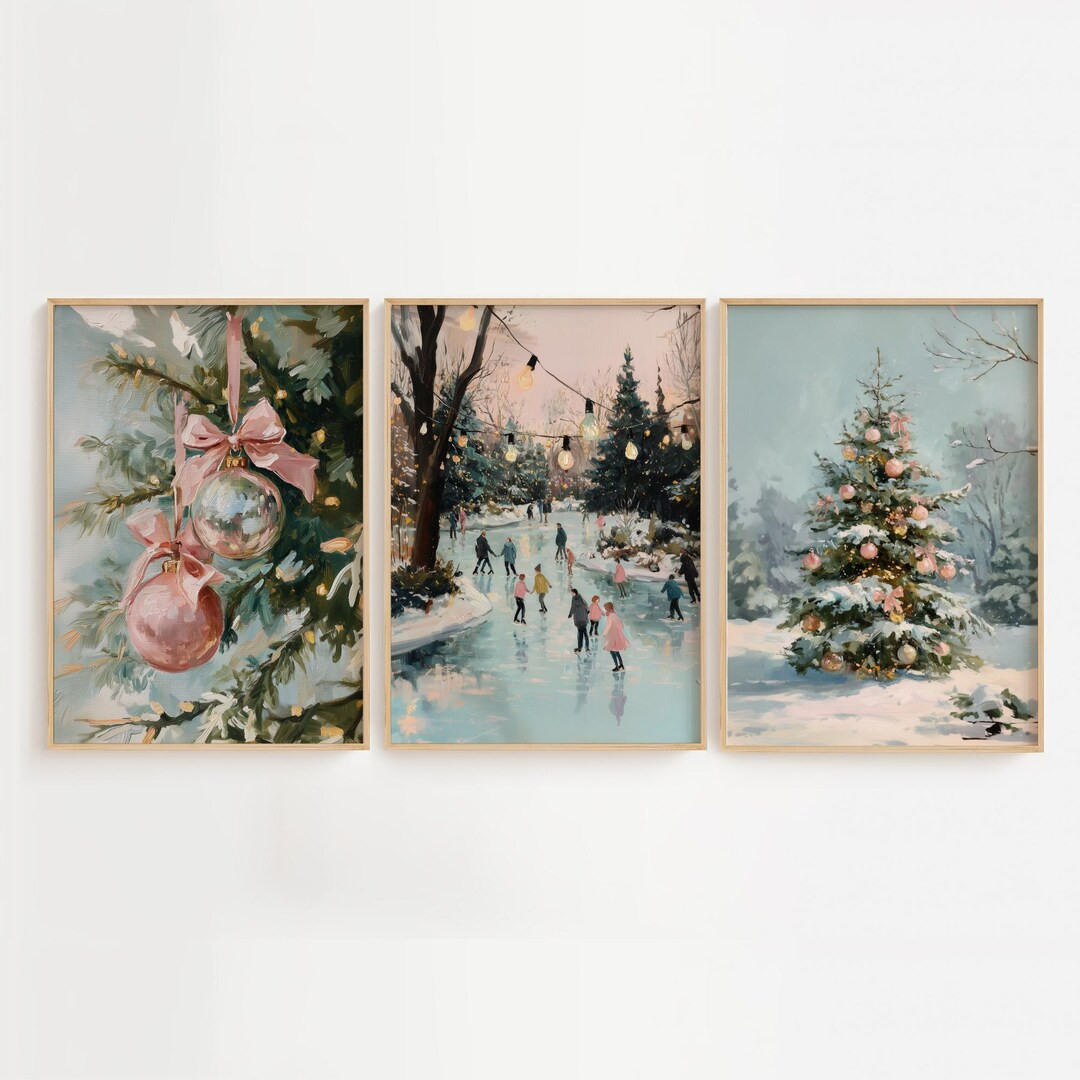 Vintage Pink Christmas Prints Set of 3, Coquette Pink Wall Gallery, Pastel Holiday Winter Wall Ar... | Etsy (US)