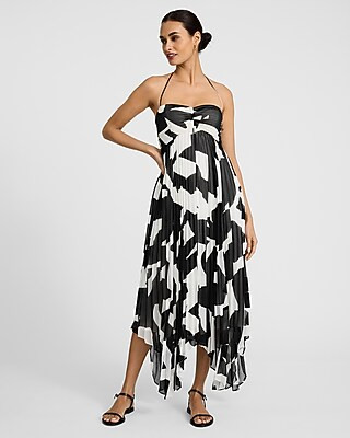 Printed Pleated Tie Halter Sweetheart Asymmetrical Midi Dress | Express