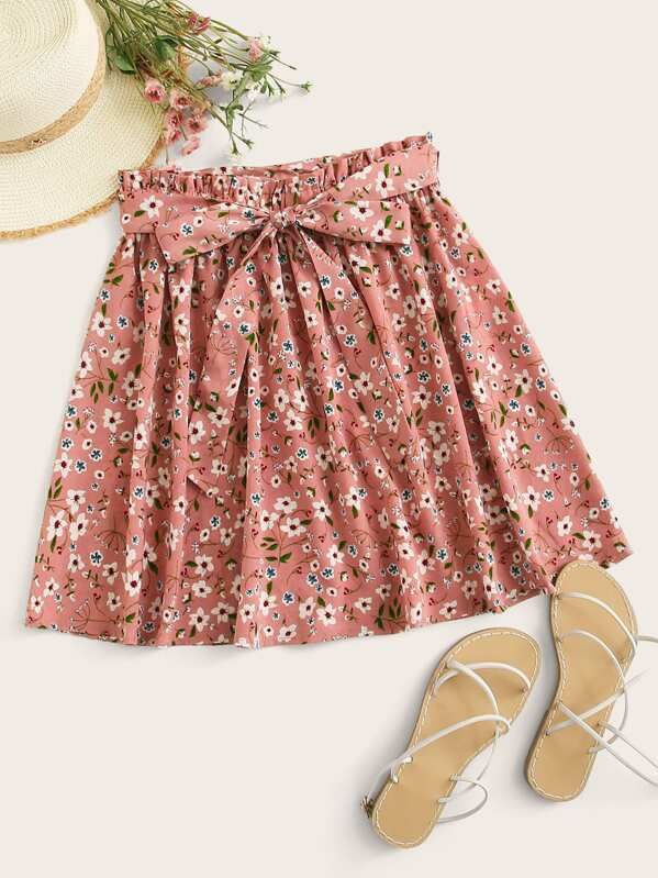 SHEIN Ditsy Floral Print Paperbag Waist Skirt | SHEIN