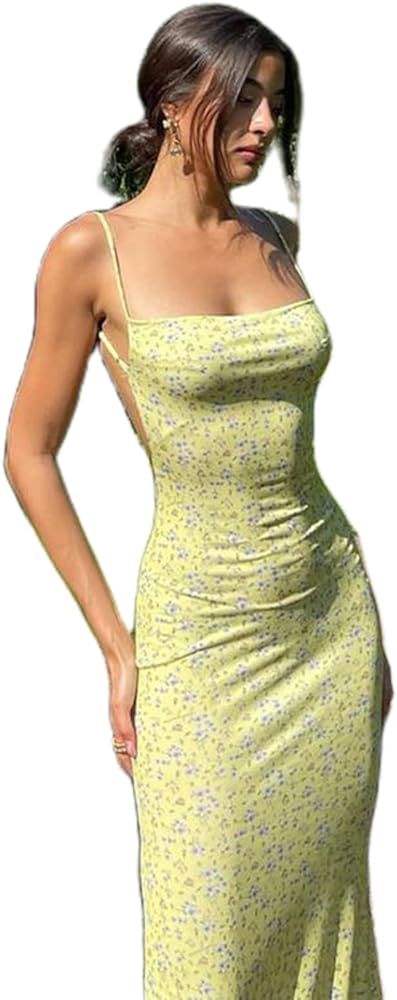 NUFIWI Women Floral Printed Spaghetti Strap Maxi Dress Y2K Low Cut Backless Long Dress Summer Str... | Amazon (US)