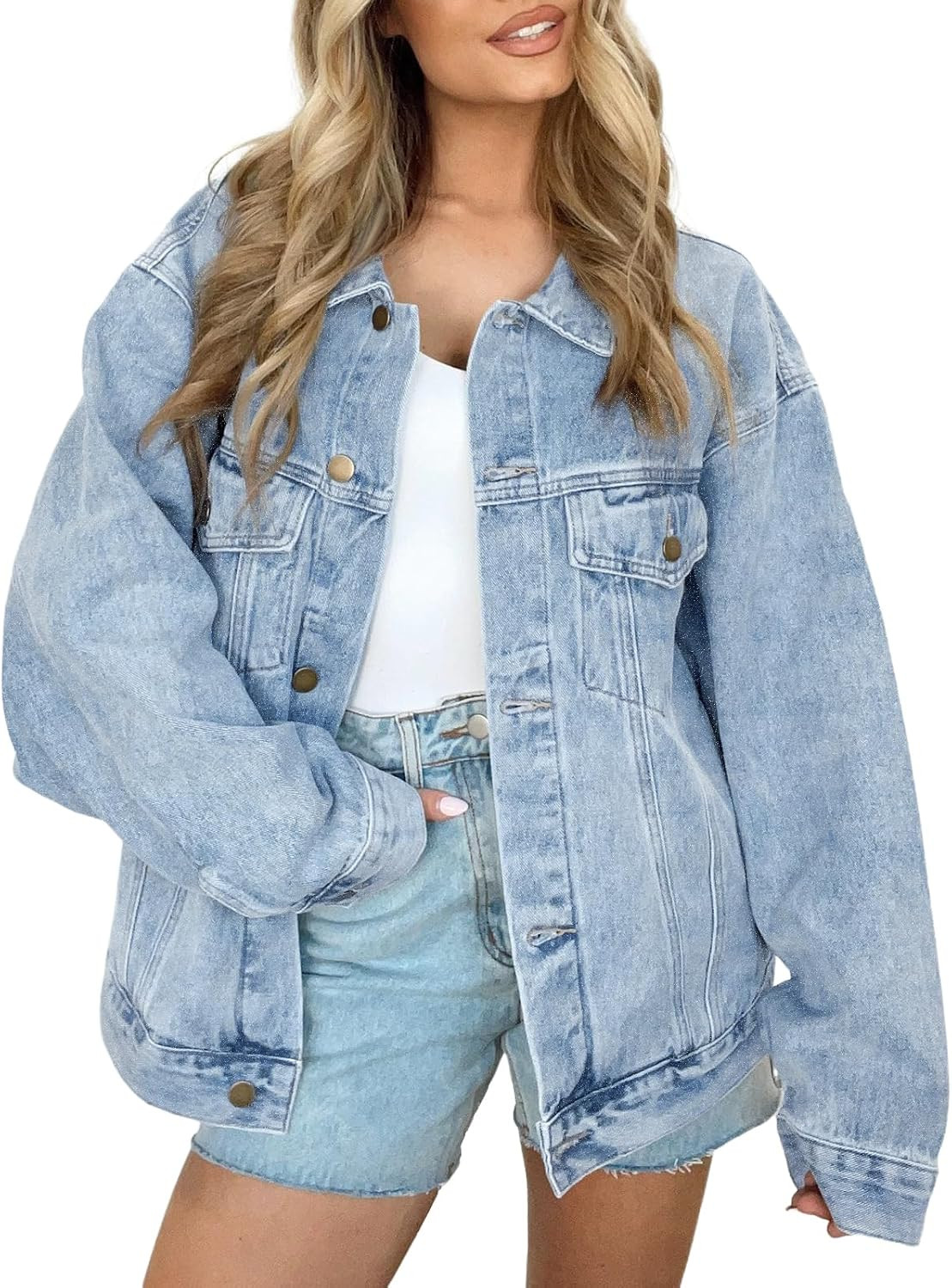 AUTOMET Women's Button Down Oversized Jeans Jacket with Pockets | Amazon (US)