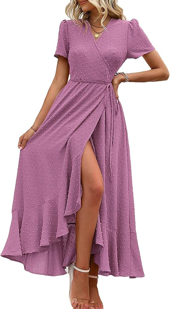 PRETTYGARDEN Women's Summer Wrap Maxi Dress Casual Short Sleeve Floral Boho V Neck Split Ruffle B... | Amazon (US)