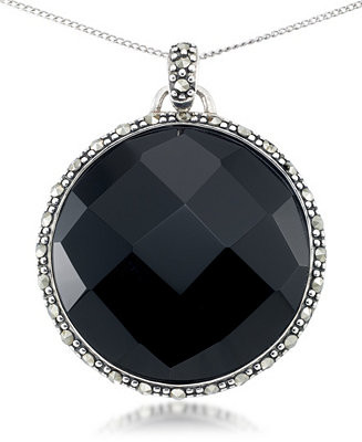 Faceted Onyx (28 x 5mm) & Marcasite Medallion Pendant on 18" Chain in Sterling Silver | Macy's