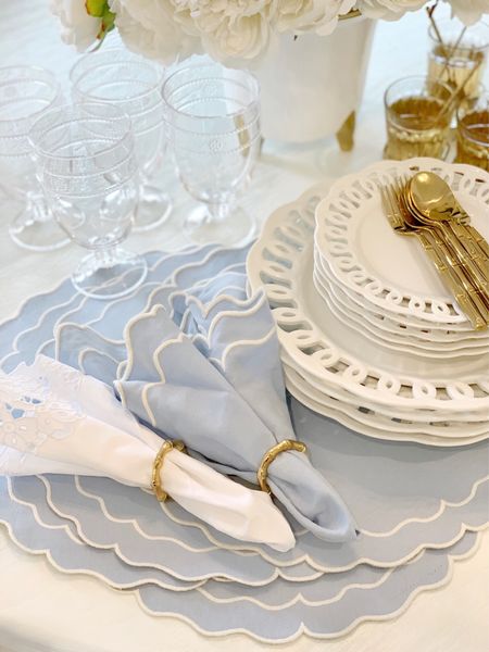 These looped plates are no longer available so I’m linking some similar options ✨ looped dishes scalloped plates scalloped dinnerware blue and white tablescape table setting blue napkins scalloped scallop placement 

#LTKfindsunder50 #LTKsalealert #LTKhome