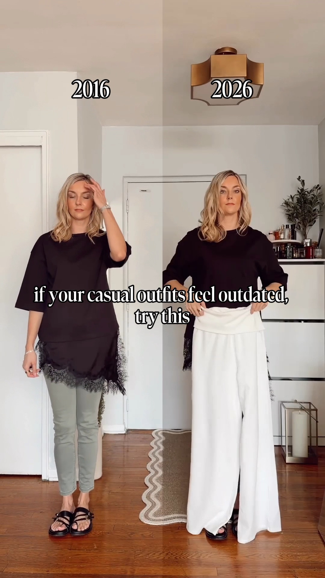 The outfit on the left feels boxy and outdated, so try looking at the proportions first. A cleaner pair of sweatpants, a simple tee, and slides can still feel relaxed while looking way more modern.

Wearing size S in top and pants! Everything from @Zara 

outfit fixes, Zara pants, outfit idea, outfit proportions, spring outfit idea 




#LTKdayinmylife #LTKootd #LTKgrwm