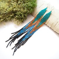 Teal Black Burnt Orange Blue Long Beaded Earrings, Extra Gradient Shoulder Duster Black, Vivid Colors, Thin Earrings | Etsy (US)