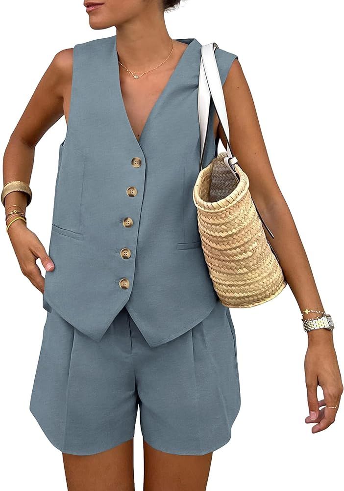 Pretty Garden Womens 2 Piece Suits Set Button Down V Neck Vest Sleeveless Tops And Pockets Shorts... | Amazon (US)