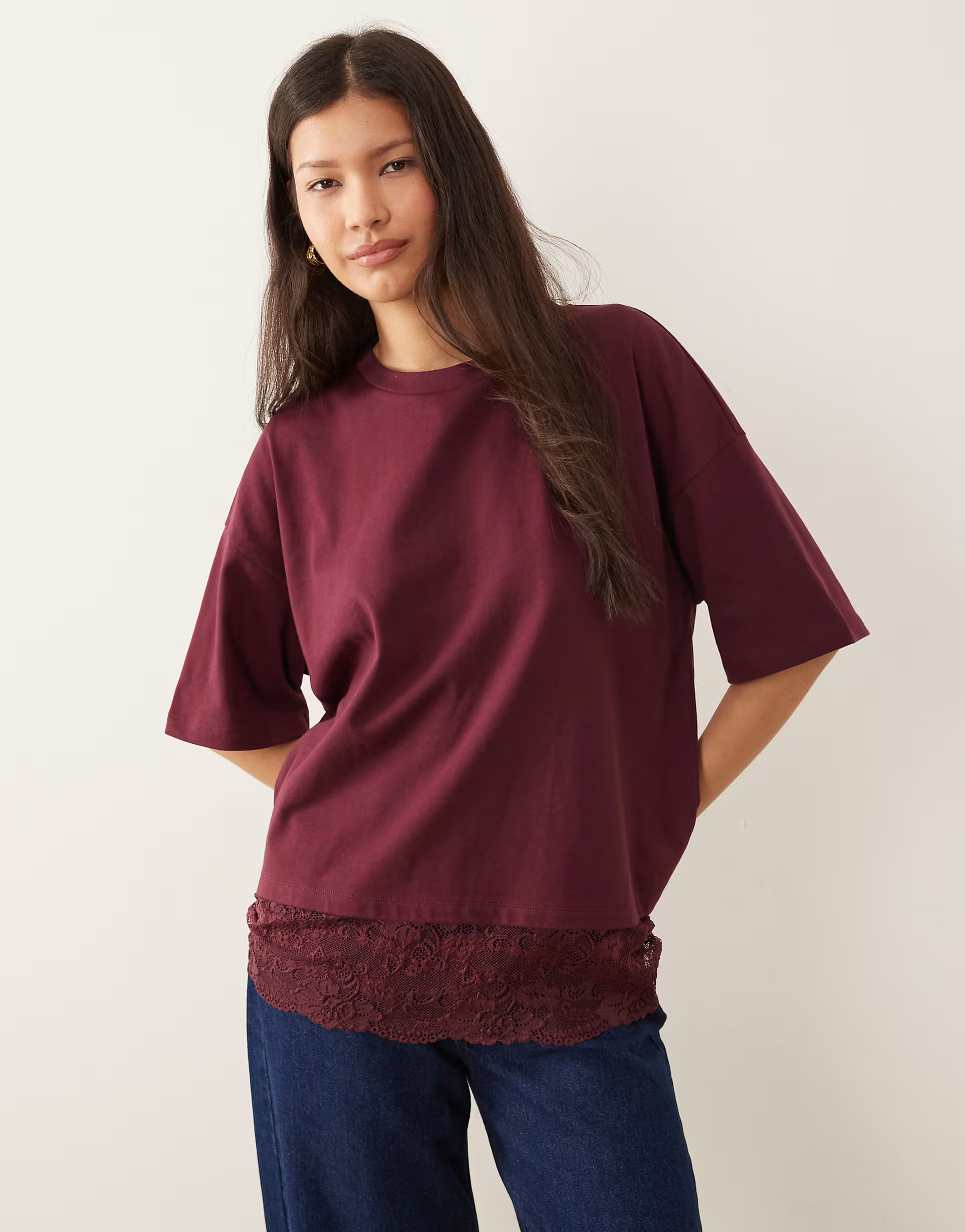 ASOS DESIGN lace trim detail oversized tee in plum | ASOS | ASOS (Global)