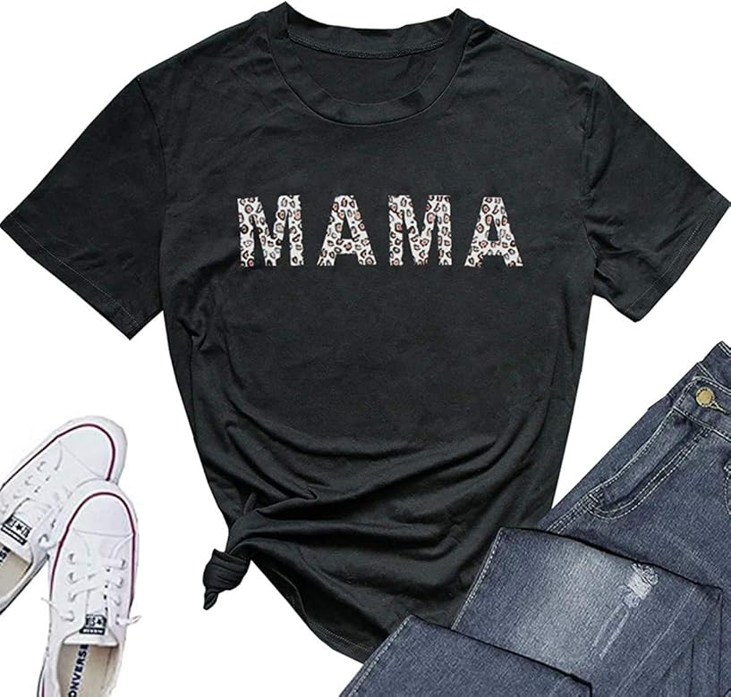MUPAOLO Mama Shirt for Women Funny Casual Graphic Tees Summer Short Sleeve Mom Life T Shirt | Amazon (US)