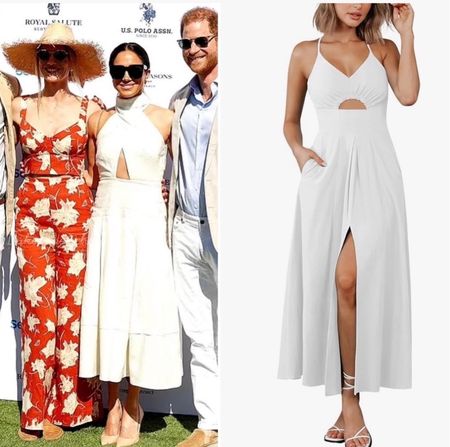 Meghan Markle polo style
White dress with cut outs 
Black frame sunglasses 
Gold earrings 

#LTKfindsunder50 #LTKparties #LTKstyletip