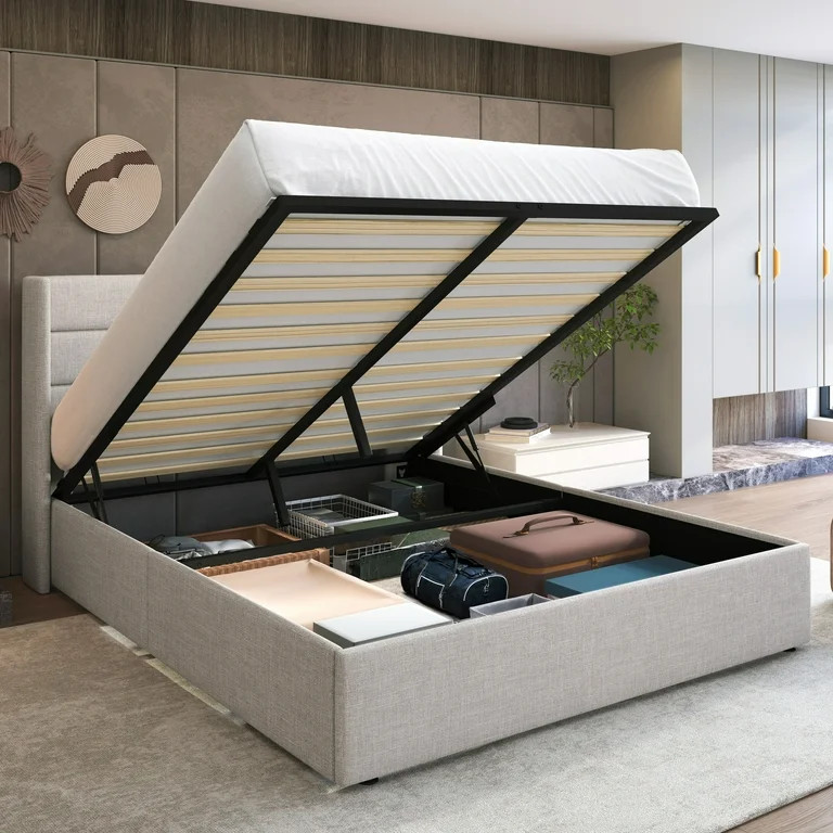 SHA CERLIN Beige Full Size Lift up Storage Platform Bed Frame with Fabric Upholstered Channel Win... | Walmart (US)