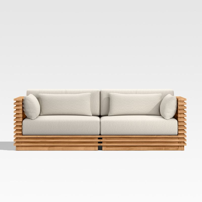 Batten 83" Teak Outdoor Loveseat with Oat Cushions + Reviews | Crate & Barrel | Crate & Barrel
