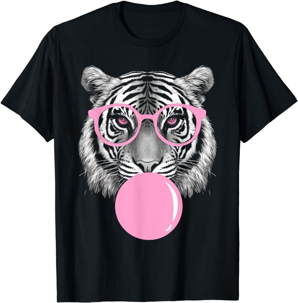 Funny Women's Tiger Glasses & Pink Bubble Gum Animal Lover T-Shirt | Amazon (US)