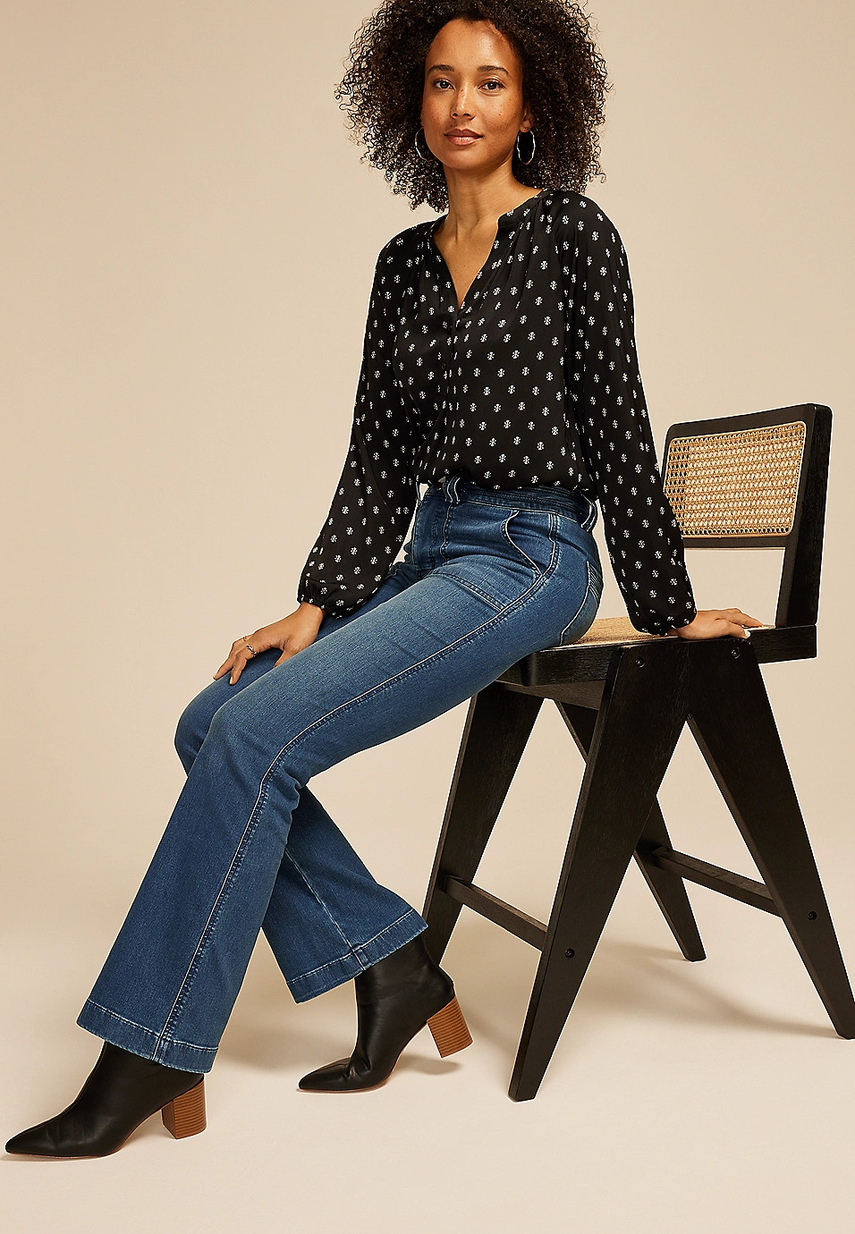 Everflex™ Dark High Rise Patch Pocket Flare Jean | Maurices