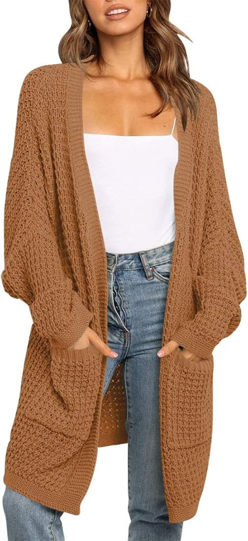 ANRABESS Women's Long Batwing Sleeve Open Front Chunky Knit Cardigan Sweater with Pockets A260zhuanh | Amazon (US)