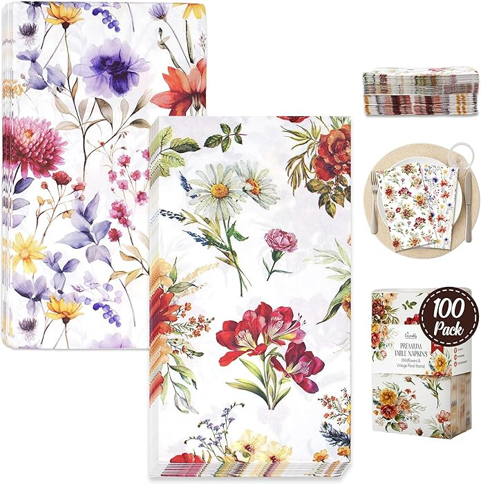 Decorably 100 Pack 2-Ply Wild Flower Napkins for Decoupage - 5x10in 2 Designs Flower Disposable N... | Amazon (US)