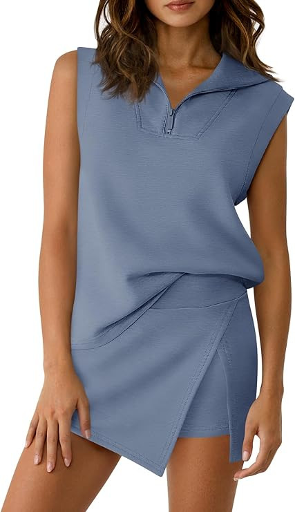 Fisoew Womens 2 Piece Skirt Sets Summer Sleeveless Half Zip Sweatshirt Athletic Skorts Tennis Out... | Amazon (US)