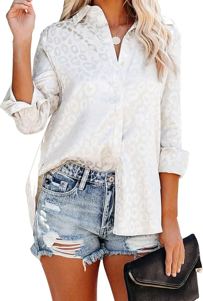 Astylish Womens V Neck Satin Embossed Roll up Sleeve Button Down Blouses Top | Amazon (US)