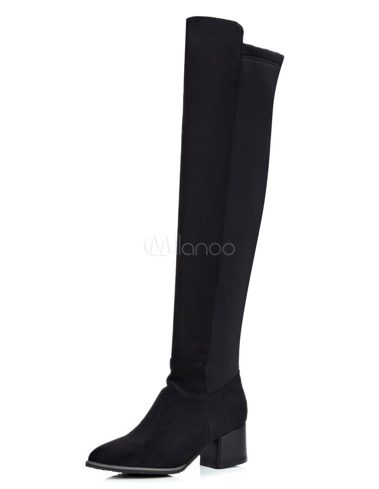 Black Suede Boots Over Knee Chunky Heel Women's Round Toe High Boots | Milanoo