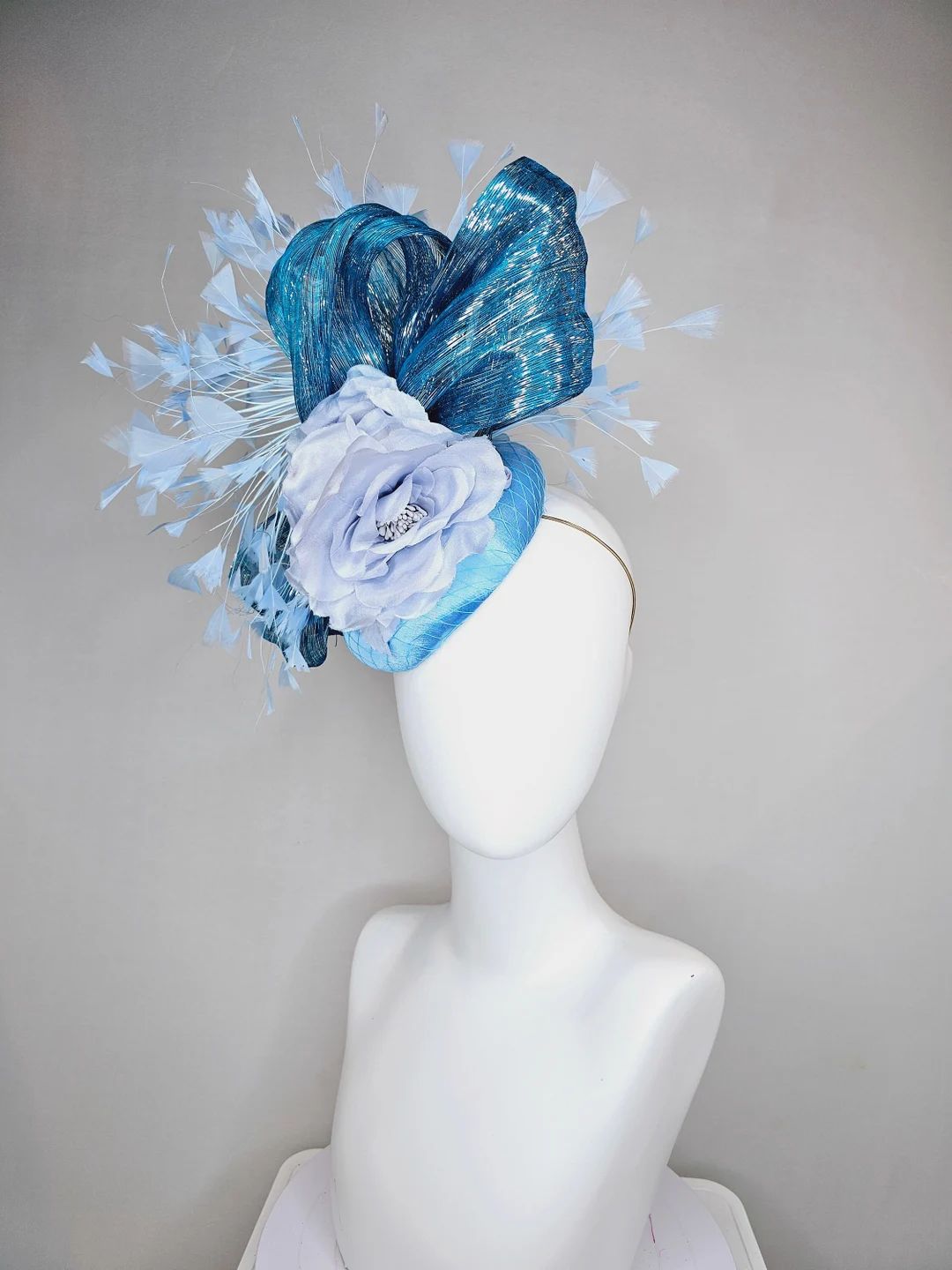 Kentucky Derby Hat Fascinator Royal Blue Satin With Light Blue Satin Flower and Light Blue Feathe... | Etsy (US)