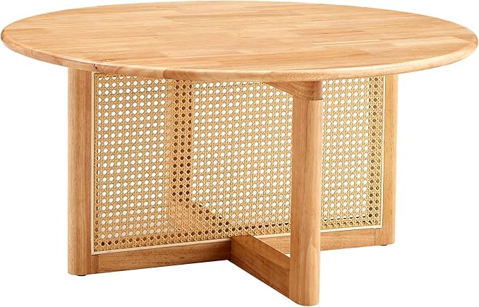 BFJDM 33.46'' Modern Round Solid Wood Coffee Table Faux Rattan Accents Coffee Table for Living Ro... | Amazon (US)