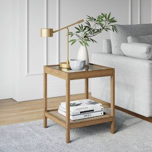 Hayes Solid Wood Rattan and Glass Top Side Table Brushed Light Brown - Nathan James | Target
