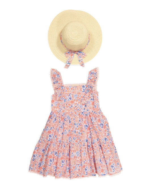 Girls Watercolor Floral Button Front Dress With Hat | TJ Maxx