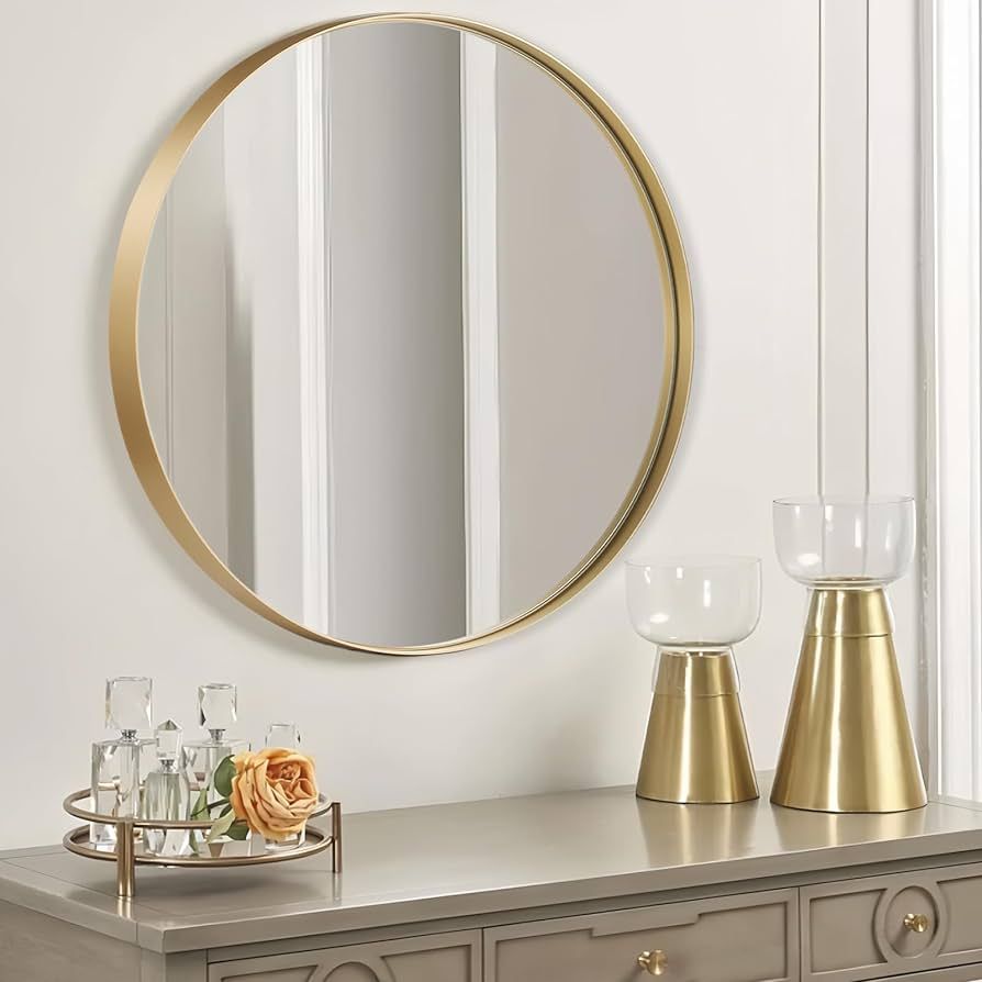 FARMER 30 Inch Circle Mirror, Gold Round Bathroom Mirror for Wall, Metal Frame Wall Mirror, Brush... | Amazon (US)