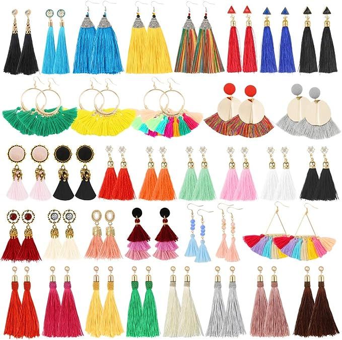 Sntieecr 36 Pairs Colorful Tassel Earrings Long Thread Layered Ball Dangle Earrings Hoop Fringe B... | Amazon (US)