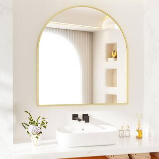 XRAMFY 31.5 in. W x 33.5 in. H Arched Gold Modern Aluminum Alloy Framed Wall Mirror BACSC315335-G... | The Home Depot