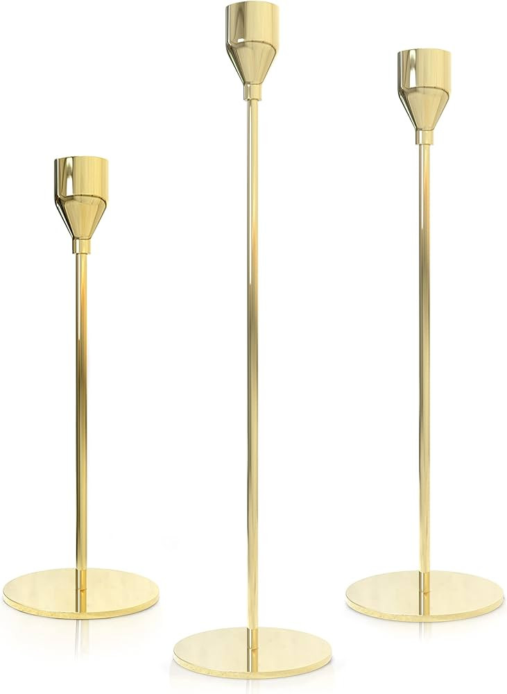 Gold Candlestick Holders for Taper Candles, Set of 3 Taper Candle Holders for Candlesticks, Ideal... | Amazon (US)