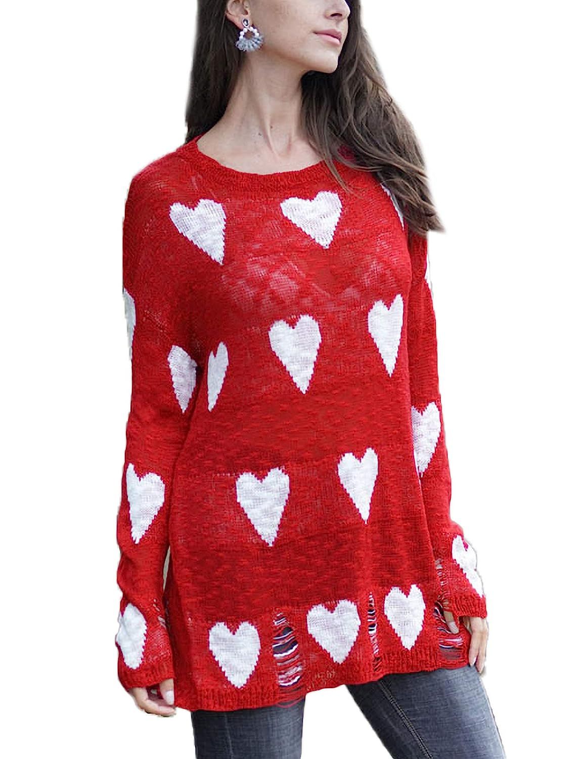 Relipop Women's Pullover Knitwear Crewneck Heart Pattern Print Red Background Rip Hem Knit Sweate... | Amazon (US)