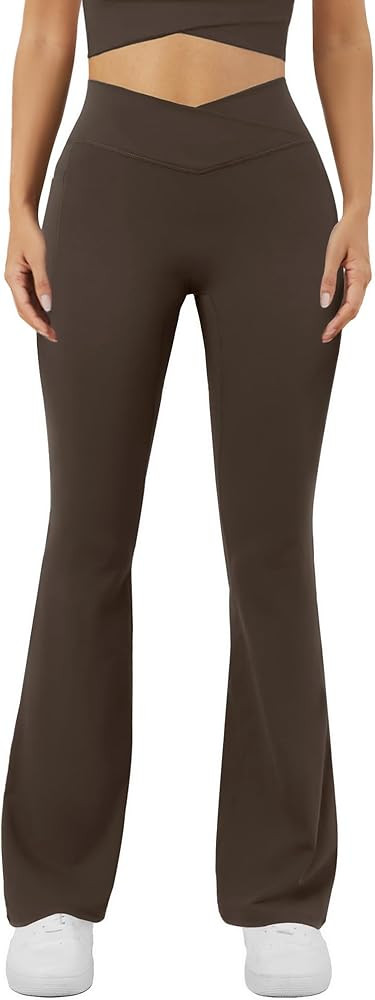 Women's Yoga Pants V Crossover Flare Leggings with Pockets Flared Bootcut Bell Bottoms Workout Pa... | Amazon (US)