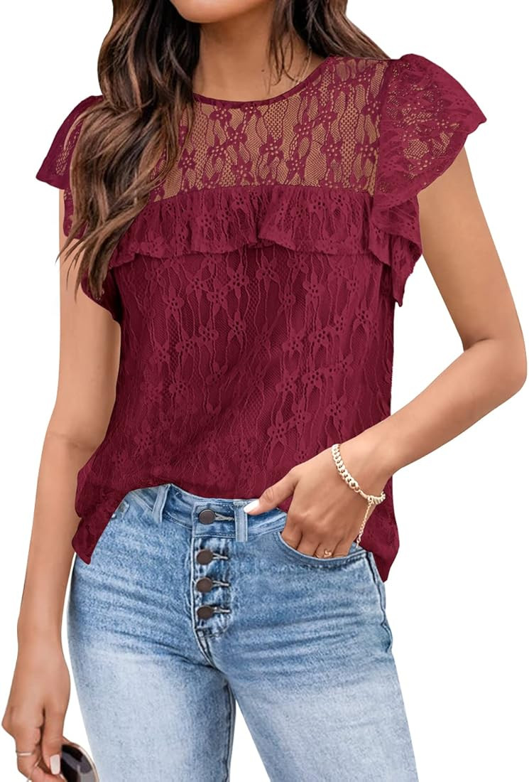 DOROSE Womens Lace Tops Ruffle Short Sleeve Dressy Casual Summer Shirts Blouses | Amazon (US)