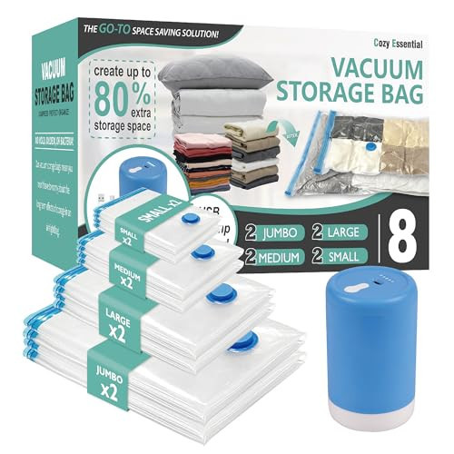 Cozy Essential Travel Vacuum Storage Bags with Rechargeable Cordless Electric Pump, Space Saver Bags for Luggage, Suitcase, Carry-On, for Clothes, Blankets, Comforters, Pillows, 8 Combo | Amazon (US)