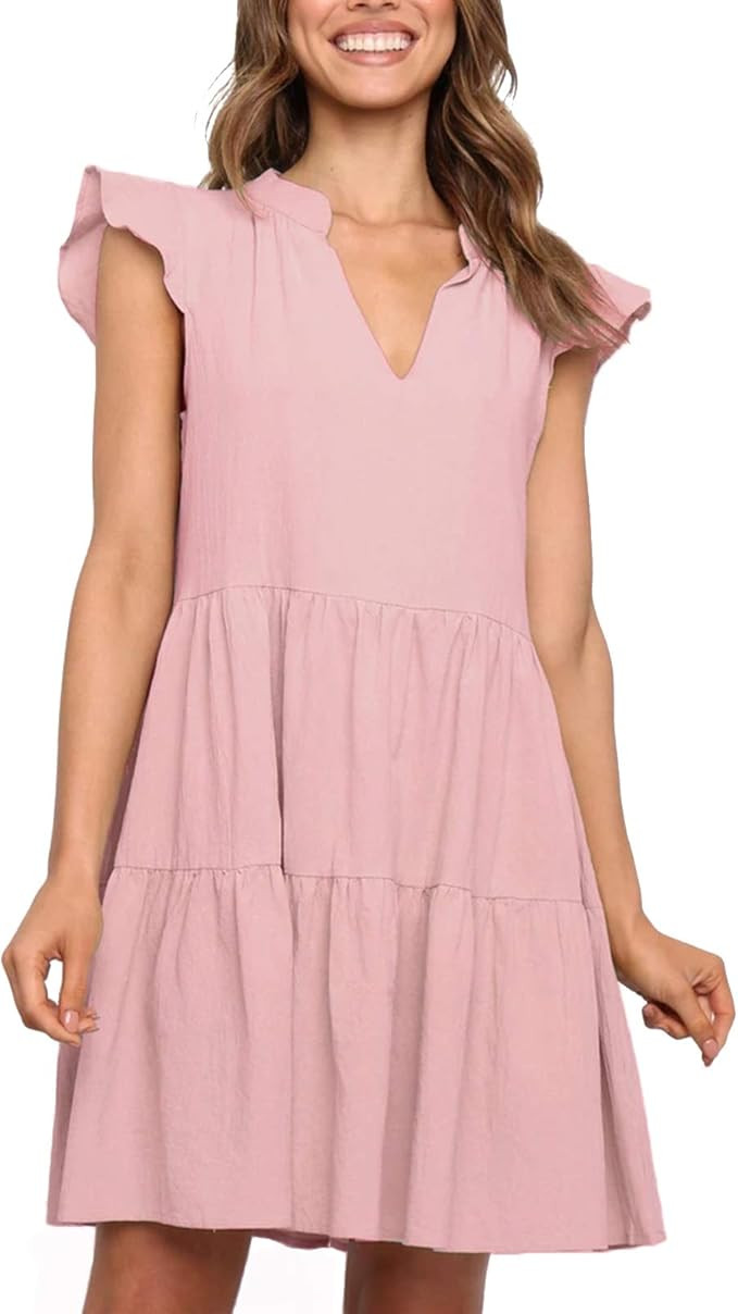 ISZPLUSH Womens Dress V Neckline Boho Short Ruffle Swing Sleeves A Line Above Knee Relaxed Fit Be... | Amazon (US)