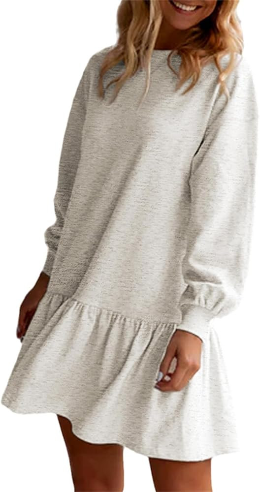 HOULENGS Women's Casual Crew Neck Pullover Sweatshirt Dress Long Sleeve Ruffled Sweatshirt Mini D... | Amazon (US)