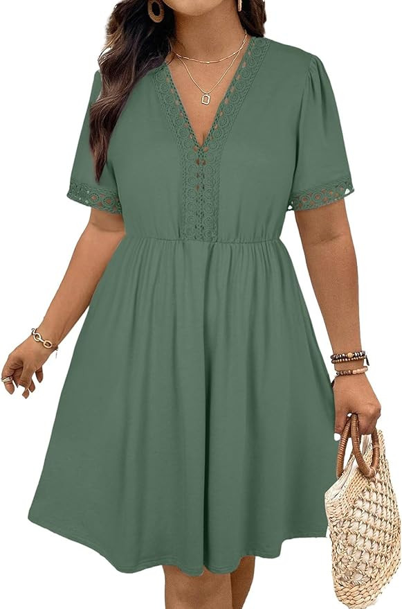 Eytino Womens Plus Size Dresses Short Sleeve Lace V Neck Hollow Out A Line Mini Dress 2026 Summer... | Amazon (US)