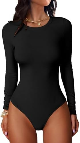 ANRABESS Women Long Sleeve Crew Neck Bodysuits Top 2025 Fall Slim Fit Ribbed Knit Soft Basic Tee ... | Amazon (US)