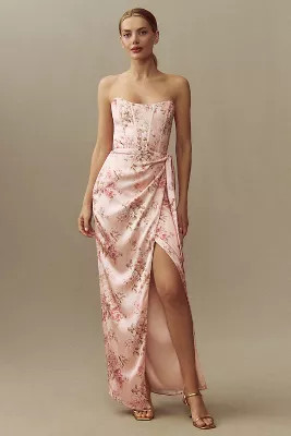 V. Chapman June Printed Corset Front-Slit Satin Gown | Anthropologie (US)