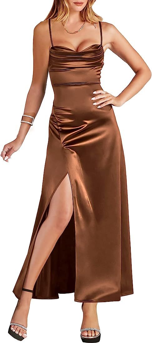 ANRABESS Women Formal Satin Spaghetti Strap Cowl Neck Bodycon Slit Prom Cocktail Maxi Dress Eveni... | Amazon (US)