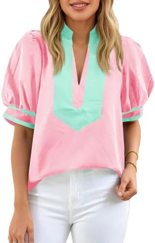 Cicy Bell Womens Color Block Puff Sleeve Blouses Summer Casual Dressy V Neck Tops Loose Fit Tee S... | Amazon (US)
