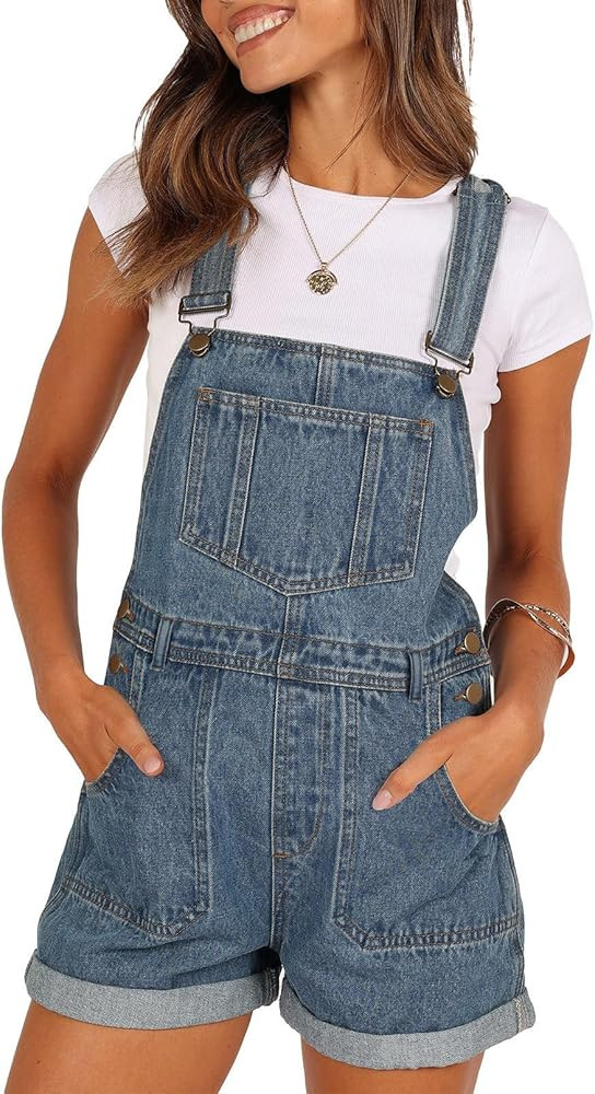 Pink Queen Women's Denim Shortalls Casual Adjustable Straps High Waist Bib Jeans Overalls Shorts ... | Amazon (US)