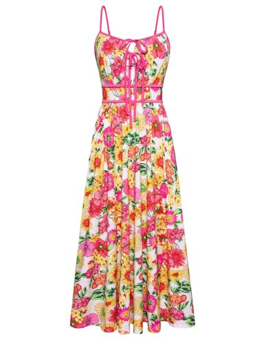 GRACE KARIN 2026 Women's Summer Maxi Dresses, Tie Front Floral Boho Dress, Spaghetti Strap Sundress with Pockets, Pink Yellow S | Amazon (US)