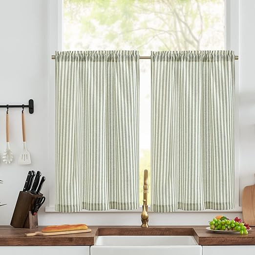 COLLACT Kitchen Curtains 36 Inch Length Linen Curtains Pinstripe Pattern Sage Tiers for Kitchen B... | Amazon (US)