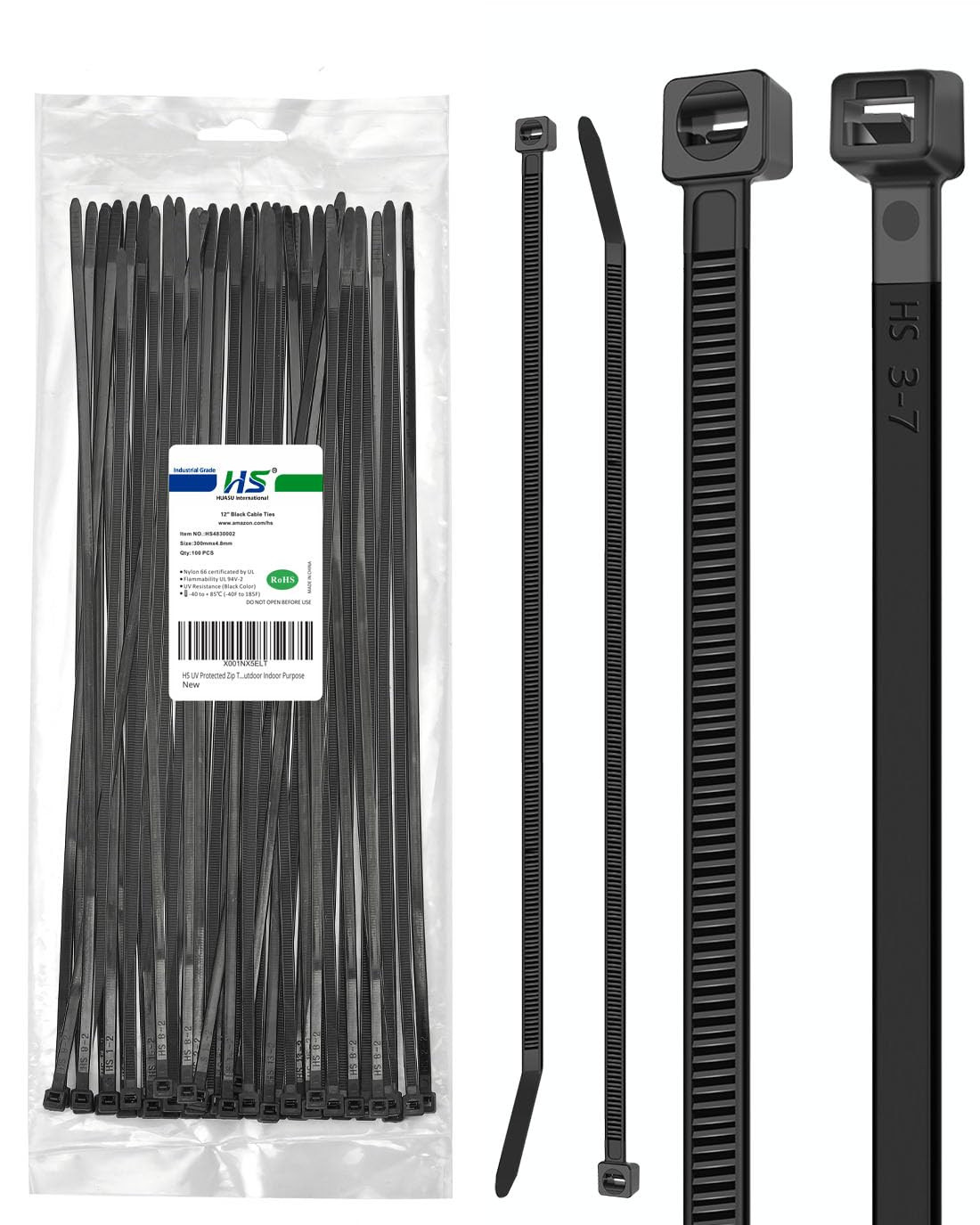 HS UV Protected Zip Ties 12 Inch (100 Pack) Self Locking Strong Plastic Wire Ties 12 Inch Black Nylon Cable Ties 50 LBS,Outdoor Indoor Purpose | Amazon (US)