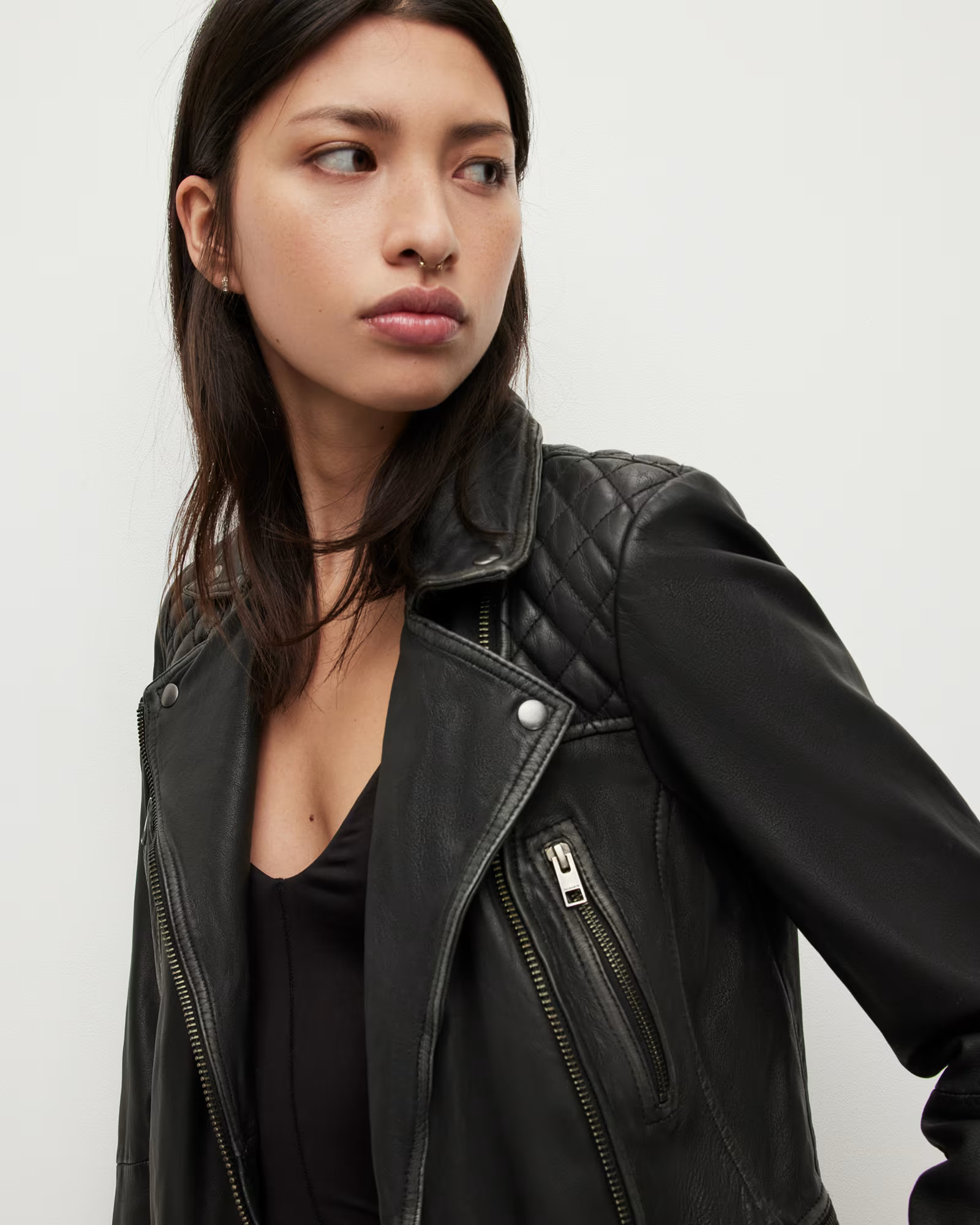 AllSaints Cargo Leather Biker Jacket, Womens, Black/Grey, Size: UK 2/US 00 | AllSaints CA